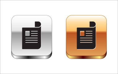 Beyaz arka planda yalıtılmış Siyah Belge simgesi. Dosya simgesi. Denetim listesi simgesi. İş konsepti. Gümüş-altın kare düğme. Vektör İllüstrasyonu