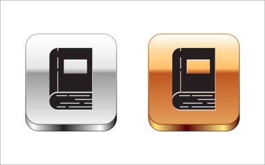 Siyah Kitap simgesi beyaz arkaplanda izole edildi. Gümüş-altın kare düğme. Vektör İllüstrasyonu