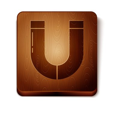 Kahverengi Mıknatıs simgesi beyaz arkaplanda izole edildi. At nalı mıknatısı, manyetizma, manyetizma, çekim. Tahta kare düğme. Vektör İllüstrasyonu