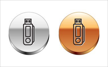 Siyah çizgi USB flash disk simgesi beyaz arkaplanda izole edildi. Gümüş-altın halka düğmesi. Vektör İllüstrasyonu