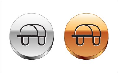 Beyaz arka planda siyah çizgi Hunter şapka simgesi izole edildi. Ekose kış şapkası. Gümüş-altın halka düğmesi. Vektör İllüstrasyonu