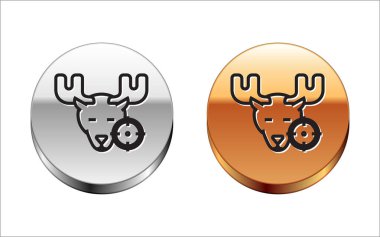 Geyik üzerinde siyah çizgi avı ve beyaz arka planda izole edilmiş hedef simgesi. Geyik ve hedefli av kulübü logosu. Tüfek merceği bir geyiği hedef alıyor. Gümüş-altın halka düğmesi. Vektör İllüstrasyonu