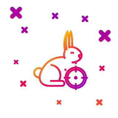 Renk çizgisi avı beyaz arka planda izole edilmiş hedef simgesi olan bir tavşan üzerinde. Tavşanlı ve hedefli av kulübü logosu. Tüfek merceği tavşan nişan alıyor. Kademeli rastgele dinamik şekiller. Vektör İllüstrasyonu