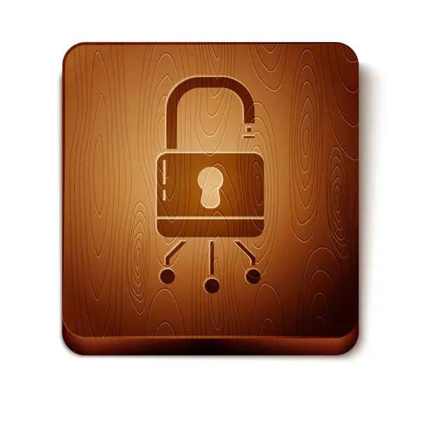 Brown Cyber εικονίδιο ασφαλείας απομονώνονται σε λευκό φόντο. Κλειστό λουκέτο σε ψηφιακό κύκλωμα. Έννοια ασφάλειας. Ψηφιακή προστασία δεδομένων. Ξύλινο τετράγωνο κουμπί. Εικονογράφηση διανύσματος — Διανυσματικό Αρχείο
