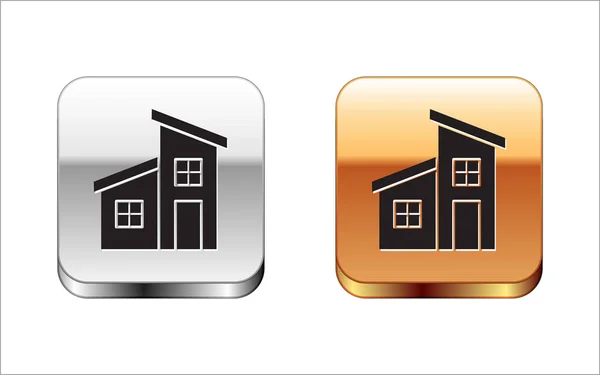 Ikon Black House terisolasi dengan latar belakang putih. Simbol rumah. Tombol persegi perak-emas. Ilustrasi Vektor - Stok Vektor