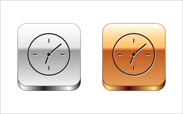 Ícone de relógio preto isolado no fundo branco. Símbolo temporal. Botão quadrado prata-ouro. Ilustração vetorial — Vetor de Stock