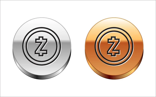 Línea negra Criptomoneda moneda Zcash ZEC icono aislado sobre fondo blanco. Moneda digital. Altcoin símbolo. Blockchain basado en criptomoneda segura. Botón círculo plata-oro. Ilustración vectorial — Vector de stock