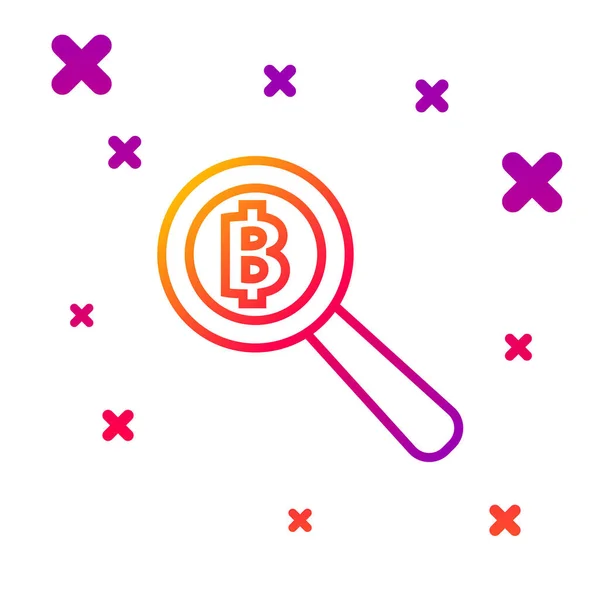 Color line Magnifying glass with Bitcoin icon isolated on white background. Physical bit coin. Blockchain based secure crypto currency. Gradient random dynamic shapes. Vector Illustration — 스톡 벡터
