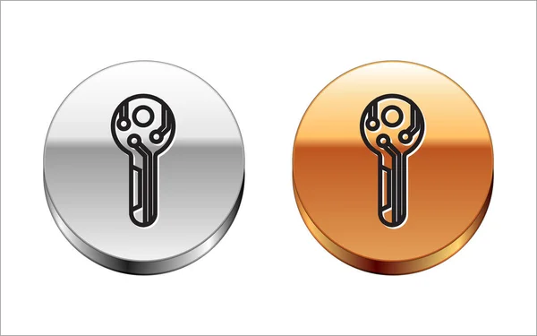 Zwarte lijn Cryptogeld sleutel pictogram geïsoleerd op witte achtergrond. Concept van cyber security of private key, digitale sleutel met technologische interface. Zilveren-gouden cirkel knop. Vector Illustratie — Stockvector