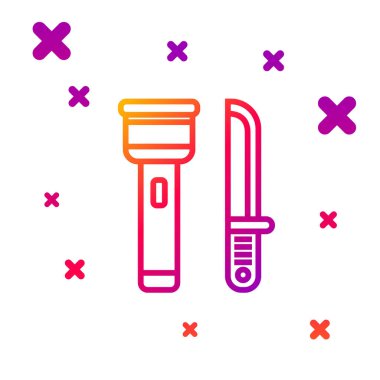 Beyaz arka planda renk çizgisi el feneri ve bıçak ikonu izole edildi. Kademeli rastgele dinamik şekiller. Vektör İllüstrasyonu