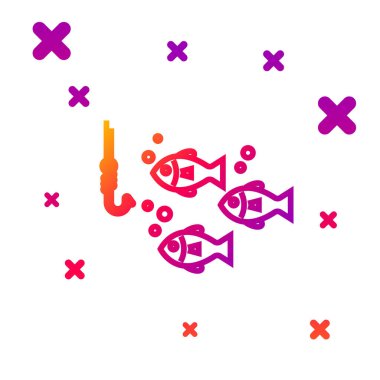 Suyun altında balık oltası ve beyaz arka planda izole edilmiş balık ikonu. Balık oltası. Kademeli rastgele dinamik şekiller. Vektör İllüstrasyonu