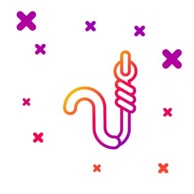 Renkli olta oltası ve solucan ikonu beyaz arka planda izole edilmiş. Balık oltası. Kademeli rastgele dinamik şekiller. Vektör İllüstrasyonu