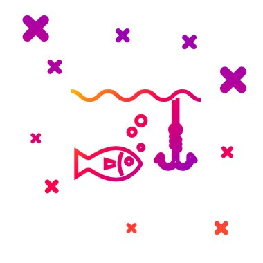 Suyun altında balık oltası ve beyaz arka planda izole edilmiş balık ikonu. Balık oltası. Kademeli rastgele dinamik şekiller. Vektör İllüstrasyonu