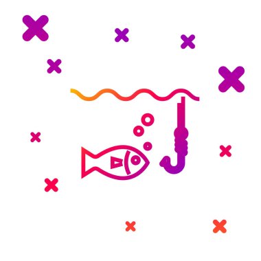 Suyun altında balık oltası ve beyaz arka planda izole edilmiş balık ikonu. Balık oltası. Kademeli rastgele dinamik şekiller. Vektör İllüstrasyonu