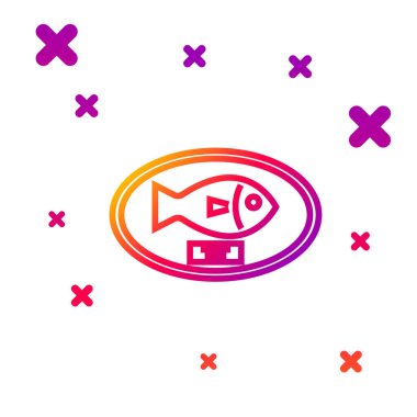 Tahta simgede asılı renkli balık kupası beyaz arka planda izole edilmiş. Duvarda balık avı kupası. Kademeli rastgele dinamik şekiller. Vektör İllüstrasyonu