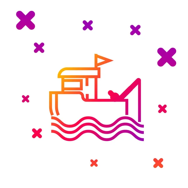 Farbe Linie Fischerboot mit Angelrute auf dem Wasser Symbol isoliert auf weißem Hintergrund. Gradienten zufällige dynamische Formen. Vektorillustration — Stockvektor