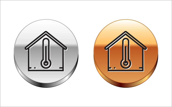 Schwarze Linie Haus Temperatur Symbol isoliert auf weißem Hintergrund. Thermometer-Symbol. Silber-Gold-Kreis-Knopf. Vektorillustration — Stockvektor