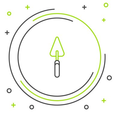 Beyaz arka planda siyah ve yeşil çizgi bahçe küreği ya da kürek ikonu izole. Bahçe aletleri. Bahçecilik, tarım, çiftçilik aleti. Renkli taslak konsepti. Vektör İllüstrasyonu