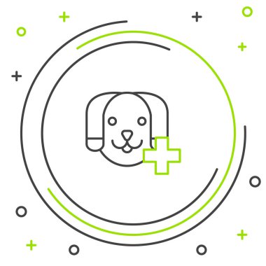 Siyah ve yeşil çizgi Veterinerlik Kliniği sembolü beyaz arka planda izole edilmiş. Köpek veterinerliği ile karşılaştır. Evcil hayvan ilk yardım işareti. Renkli taslak konsepti. Vektör İllüstrasyonu