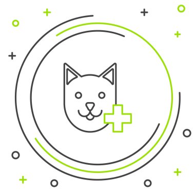 Siyah ve yeşil çizgi Veterinerlik Kliniği sembolü beyaz arka planda izole edilmiş. Kedi veterinerliği ile karşılaştır. Evcil hayvan ilk yardım işareti. Renkli taslak konsepti. Vektör İllüstrasyonu