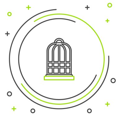 Beyaz arka planda izole edilmiş kuş simgesi için siyah ve yeşil çizgi kafesi. Renkli taslak konsepti. Vektör İllüstrasyonu