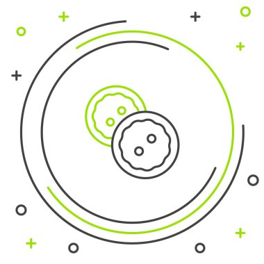 Beyaz arka planda izole edilmiş kıyafet ikonu için siyah ve yeşil çizgi dikiş düğmesi. Giysi düğmeleri. Renkli taslak konsepti. Vektör İllüstrasyonu