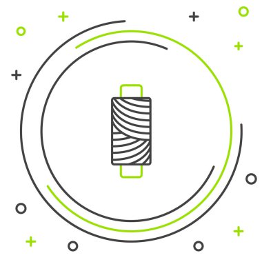 Beyaz arkaplanda izole edilmiş siyah ve yeşil çizgili dikiş ipliği. İplik makarası. İplik kutusu. Renkli taslak konsepti. Vektör İllüstrasyonu