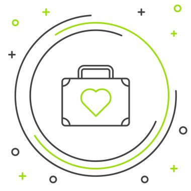 Siyah ve yeşil çizgili valiz, beyaz arka planda kalp ikonu olan seyahat için. Balayı sembolü. Seyahat bagaj tabelası. Seyahat bagaj ikonu. Renkli taslak konsepti. Vektör İllüstrasyonu