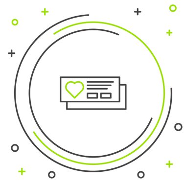 Siyah ve yeşil çizgili bilet. Beyaz arka planda kalp ikonu var. Kalple biniş kartı. Renkli taslak konsepti. Vektör İllüstrasyonu