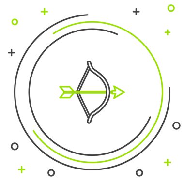 Beyaz arka planda siyah ve yeşil çizgi yay ve ok simgesi izole edildi. Aşk tanrısı sembolü. Aşk işareti. Sevgililer Günü konsepti. Renkli taslak konsepti. Vektör İllüstrasyonu