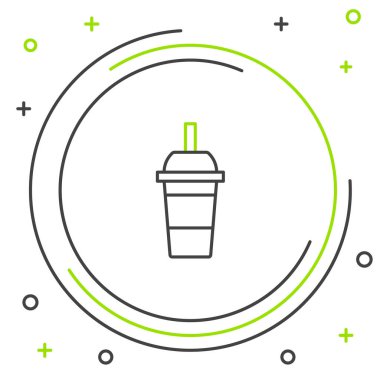 Siyah ve yeşil çizgi Beyaz arka plan üzerinde izole içme saman ve su simgesi ile Kağıt cam. Soda bardak iç. Taze soğuk içecek sembolü. Renkli anahat konsepti. Vektör İllüstrasyonu