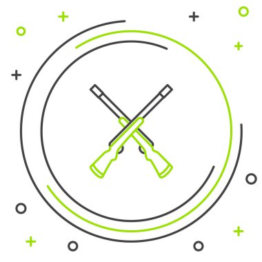 Siyah ve yeşil çizgi. İki çapraz silah ikonu beyaz arka planda izole edilmiş. Avcı silahı. Renkli taslak konsepti. Vektör İllüstrasyonu