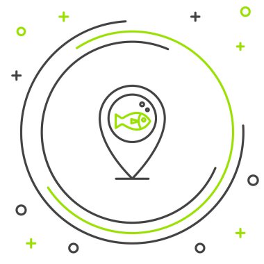 Beyaz arka planda siyah ve yeşil çizgili balıkçı ikonu var. Balıkçılık yeri. Renkli taslak konsepti. Vektör İllüstrasyonu