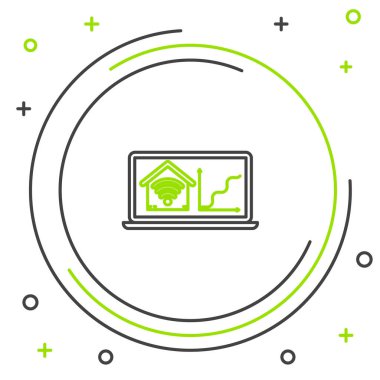 Beyaz arka planda kablosuz internet ikonu olan akıllı ev bilgisayarlı siyah ve yeşil çizgi dizüstü bilgisayar. Uzaktan kumanda. Renkli taslak konsepti. Vektör İllüstrasyonu