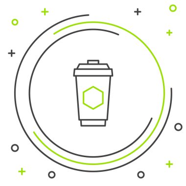 Beyaz arka planda bal ikonlu siyah ve yeşil çay fincanı. Tatlı doğal yemek. Renkli taslak konsepti. Vektör İllüstrasyonu