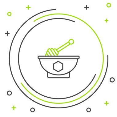 Siyah ve yeşil çizgi Bal Dipper çubuğu ve kase ikonu beyaz arkaplanda izole edilmiş. Tatlı kepçe. Renkli taslak konsepti. Vektör İllüstrasyonu