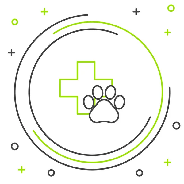 Schwarze und grüne Linie Tierklinik Symbol Symbol isoliert auf weißem Hintergrund. Krankenhausschild überqueren. ein stilisierter Pfotenabdruck Hund oder Katze. Haustier-Erste-Hilfe-Schild. Buntes Rahmenkonzept. Vektorillustration — Stockvektor