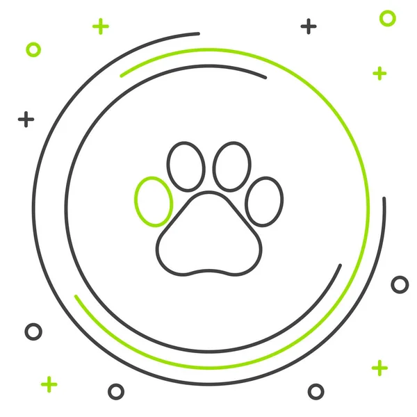 Schwarze und grüne Linie Pfotendruck-Symbol isoliert auf weißem Hintergrund. Pfotenabdruck für Hund oder Katze. Tierspur. Buntes Rahmenkonzept. Vektorillustration — Stockvektor