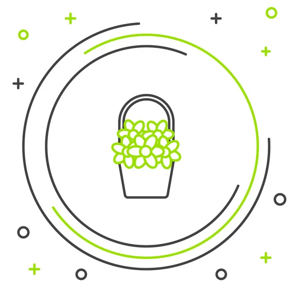 Ligne noire et verte Fleurs dans une icône panier isolé sur fond blanc. Concept de contour coloré. Illustration vectorielle — Image vectorielle