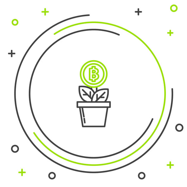 Black and green line Bitcoin plant in the pot icon on white background. Business investment growth. Blockchain technology, cryptocurrency mining. Colorful outline concept. Vector Illustration