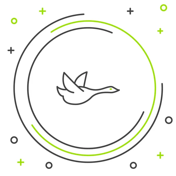 Schwarze und grüne Linie fliegende Ente Symbol isoliert auf weißem Hintergrund. Buntes Rahmenkonzept. Vektorillustration — Stockvektor