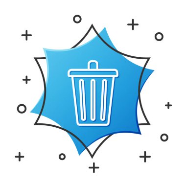 Beyaz çizgi Çöp kutusu simgesi beyaz arkaplanda izole edildi. Çöp kutusu tabelası. Sepet simgesini geri dönüştür. Ofis çöpü ikonu. Mavi altıgen düğmesi. Vektör İllüstrasyonu