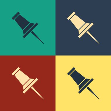 Renk arka planda yalıtılmış Renk İtme pin simgesi. Raptiyeler işareti. Vintage tarzı çizim. Vektör İllüstrasyonu