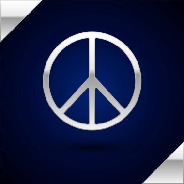 Gümüş Barış simgesi koyu mavi arka planda izole edildi. Hippi barış sembolü. Vektör İllüstrasyonu