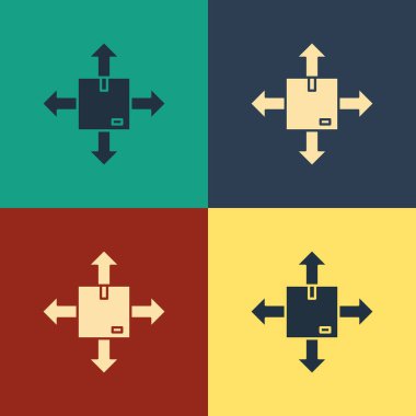 Color Cardboard box with traffic symbol icon isolated on color background. Box, package, parcel sign. Delivery, transportation and shipping. Vintage style drawing. Vector Illustration