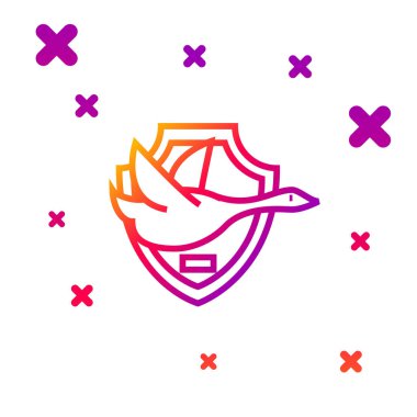 Beyaz arka planda izole edilmiş kalkan simgesinde uçan ördek çizgisi. Duvarda av kupası. Kademeli rastgele dinamik şekiller. Vektör İllüstrasyonu