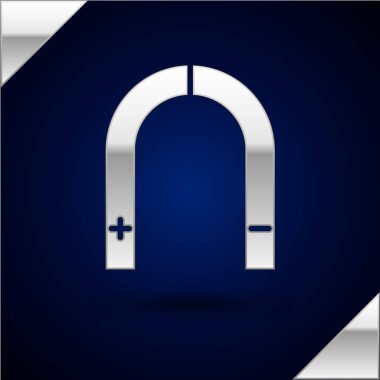 Gümüş Mıknatıs simgesi koyu mavi arkaplanda izole edilmiş. At nalı mıknatısı, manyetizma, manyetizma, çekim. Vektör İllüstrasyonu