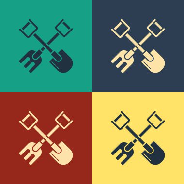 Renk arkaplanında renk küreği ve tırmık simgesi izole edildi. Bahçecilik, tarım, bahçıvanlık, çiftçilik aletleri. Toprak işçisi. Klasik tarzda çizim. Vektör İllüstrasyonu