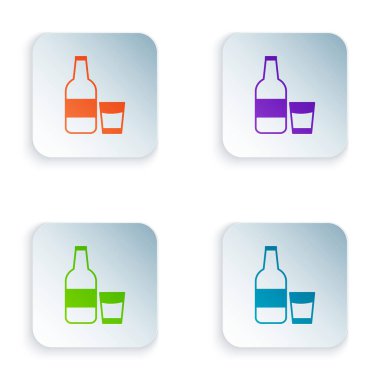 Beyaz arka planda izole edilmiş süt ve cam ikonlu renkli cam şişe. Renkli kare düğmelere simgeleri yerleştir. Vektör İllüstrasyonu