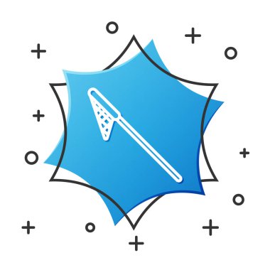 Beyaz çizgi balıkçılık ağı simgesi beyaz arkaplanda izole edildi. Balık oltası. Mavi altıgen düğmesi. Vektör İllüstrasyonu